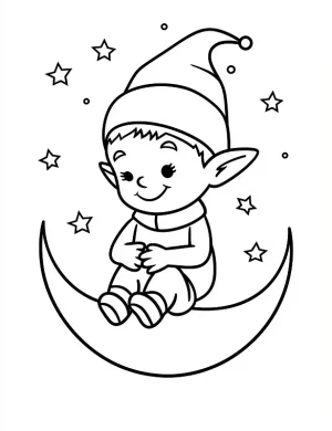 Cute Elf Sitting on Moon with Stars Coloring Page by Mindset Flow
