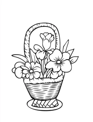 Cute Flower Basket with Blooming Flowers Coloring Page
