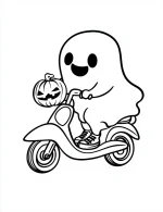 Cute Ghost Riding A Scooter Holding a Pumpkin Coloring Page by Mindset Flow