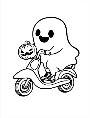 Cute Ghost Riding A Scooter Holding a Pumpkin Coloring Page by Mindset Flow