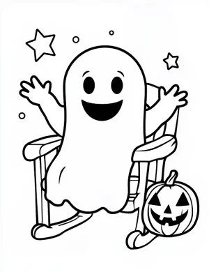Cute Ghost Sitting On a Wooden Chair Coloring Page by Mindset Flow