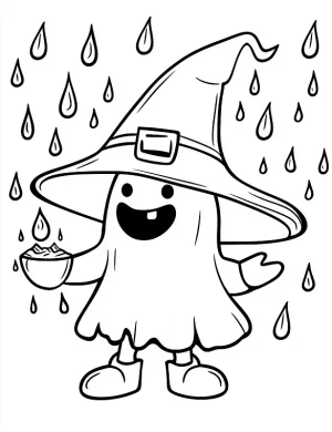 Cute Ghost in Big Witch Hat Halloween Coloring Page by Mindset Flow