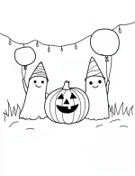Cute Ghosts with Balloons and Pumpkin Halloween Coloring Page by Mindset Flow