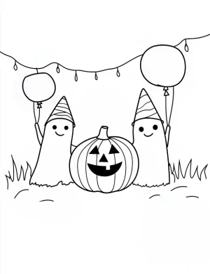 Cute Ghosts with Balloons and Pumpkin Halloween Coloring Page by Mindset Flow