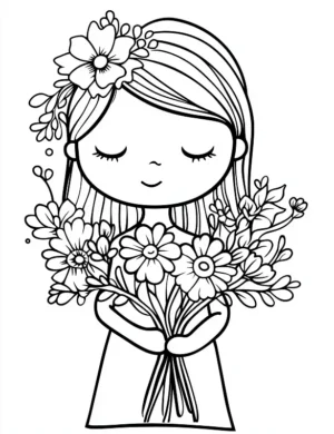 Cute Girl Holding A Bouquet Of Blossoms Flower Coloring Page By Mindset Flow