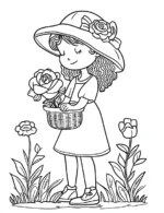Cute Girl Holding Basket Of Roses Flower Coloring Page By Mindset Flow