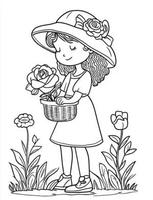 Cute Girl Holding Basket Of Roses Flower Coloring Page By Mindset Flow