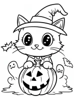 Cute Halloween Cat With Pointy Hat Holding a Jack o Lantern Pumpkin Coloring Page by Mindset Flow
