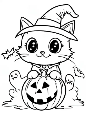 Cute Halloween Cat With Pointy Hat Holding a Jack o Lantern Pumpkin Coloring Page by Mindset Flow