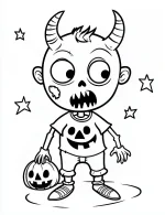 Cute Halloween Zombie with Devil Horns and Pumpkin Coloring Page by Mindset Flow