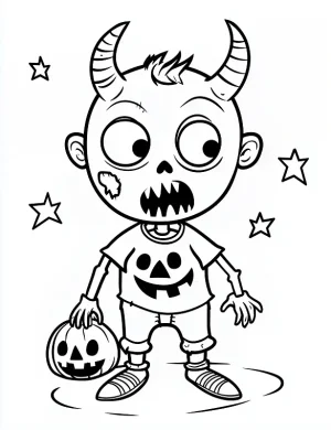 Cute Halloween Zombie with Devil Horns and Pumpkin Coloring Page by Mindset Flow