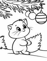 Cute Kitten Reaching for Christmas Ornaments Coloring Page by Mindset Flow