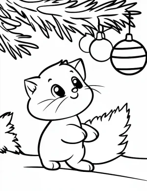 Cute Kitten Reaching for Christmas Ornaments Coloring Page by Mindset Flow