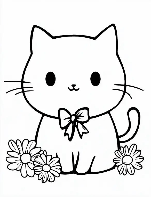 Cute Kitten Sitting Among Flowers Coloring Page By Mindset Flow