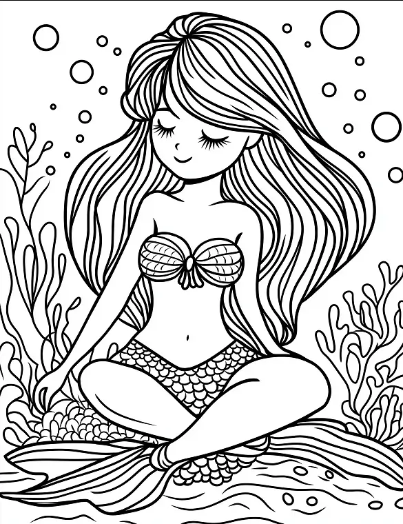 Cute Mermaid Sitting Underwater Adult Coloring Page By Mindset Flow