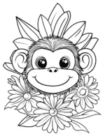 Cute Monkey Surrounded By Daisies Flower Coloring Page By Mindset Flow