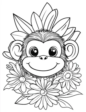 Cute Monkey Surrounded By Daisies Flower Coloring Page By Mindset Flow