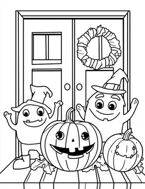 Cute Monsters Standing Together And a Pumpkin Coloring Page by Mindset Flow