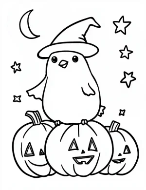 Cute Penguin on Stacked Jack-O'-Lanterns Halloween Coloring Page by Mindset Flow
