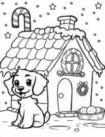 Cute Puppy and Gingerbread House Coloring Page By Mindset Flow