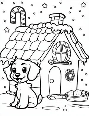 Cute Puppy and Gingerbread House Coloring Page By Mindset Flow