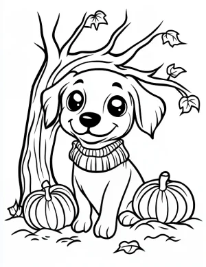 Cute Puppy with Pumpkins Halloween Coloring Page By Mindset Flow