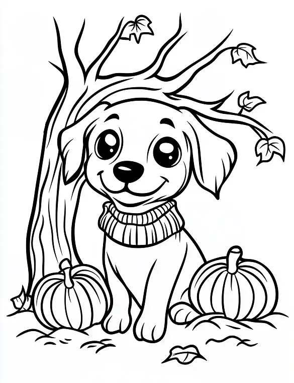Cute Puppy with Pumpkins Halloween Coloring Page By Mindset Flow