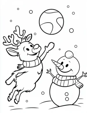 Cute Reindeer and Snowman Playing Ball Coloring Page By Mindset Flow