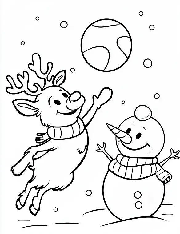 Cute Reindeer and Snowman Playing Ball Coloring Page By Mindset Flow Cute Reindeer and Snowman Playing Ball Coloring Page By Mindset Flow