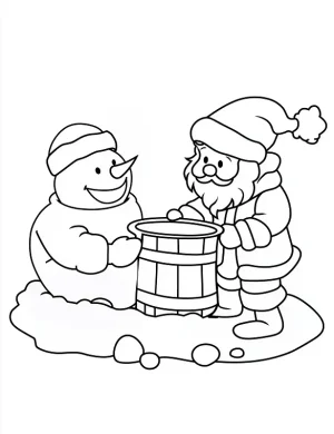 Cute Santa Building Snowman with Bucket Coloring Page by Mindset Flow