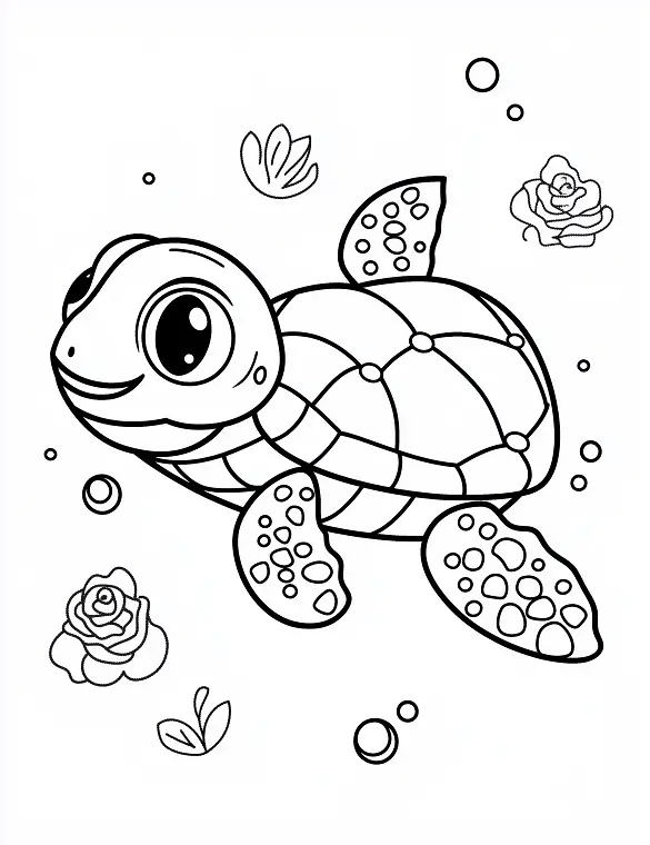 Cute Sea Turtle Swimming With Flowers Adult Coloring Page By Mindset Flow
