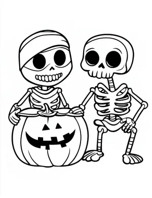 Cute Skeleton Friends with Jack O Lantern Halloween Coloring Page by Mindset Flow