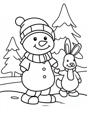 Cute Snowman and Bunny Christmas Coloring Page By Mindset Flow