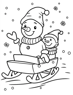 Cute Snowman and Little Snowman on Sleigh Coloring Page by Mindset Flow