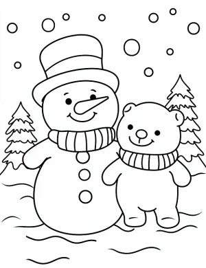 Cute Snowman and Teddy Bear Christmas Coloring Page Printable Winter Friendship Scene By Mindset Flow