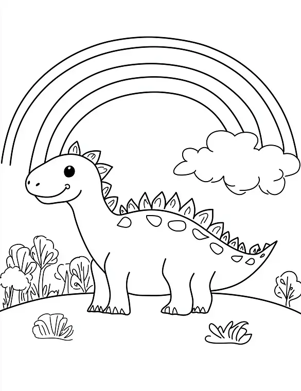 Cute Stegosaurus Dinosaur Coloring Page Rainbow Scenery by Mindset Flow