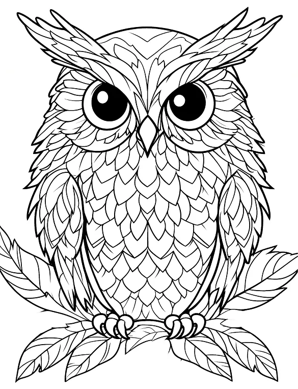 Cute Stylized Owl With Decorative Feathers On Branch Adult Coloring Page By Mindset Flow