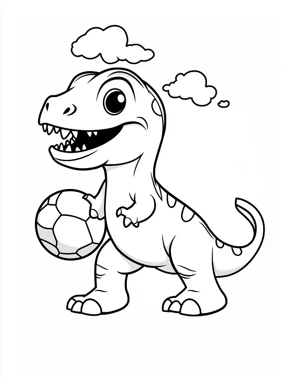 Cute T-Rex Dinosaur Playing Soccer Coloring Page by Mindset Flow