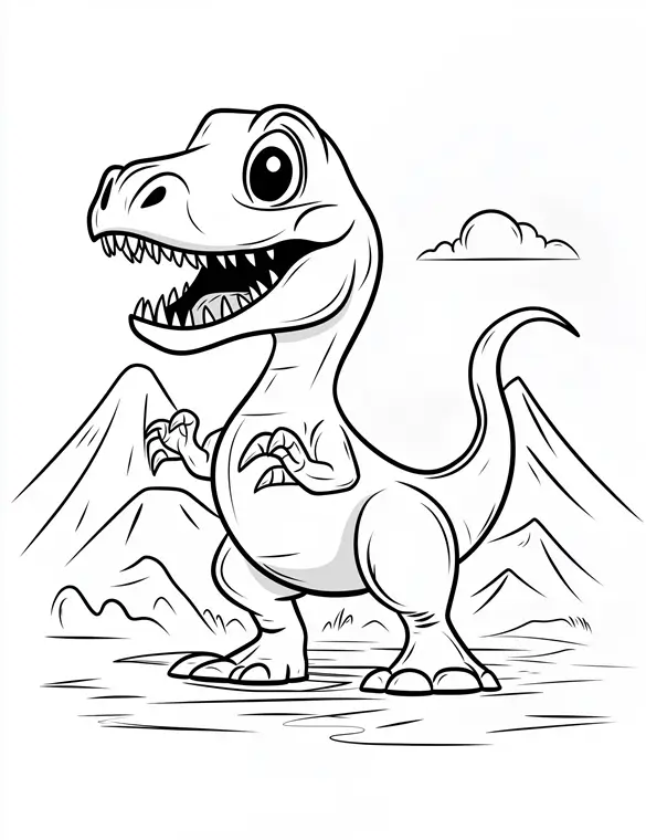 Cute T-Rex Dinosaur in Volcano Landscape Printable Coloring Page
