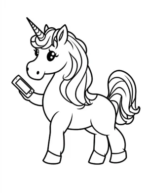 Cute Unicorn Holding a Phone Coloring Page