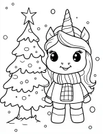 Cute Unicorn Standing Next to Christmas Tree in Snowy Winter Scene Coloring Page