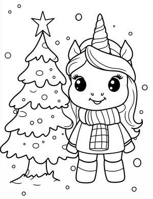 Cute Unicorn Standing Next to Christmas Tree in Snowy Winter Scene Coloring Page