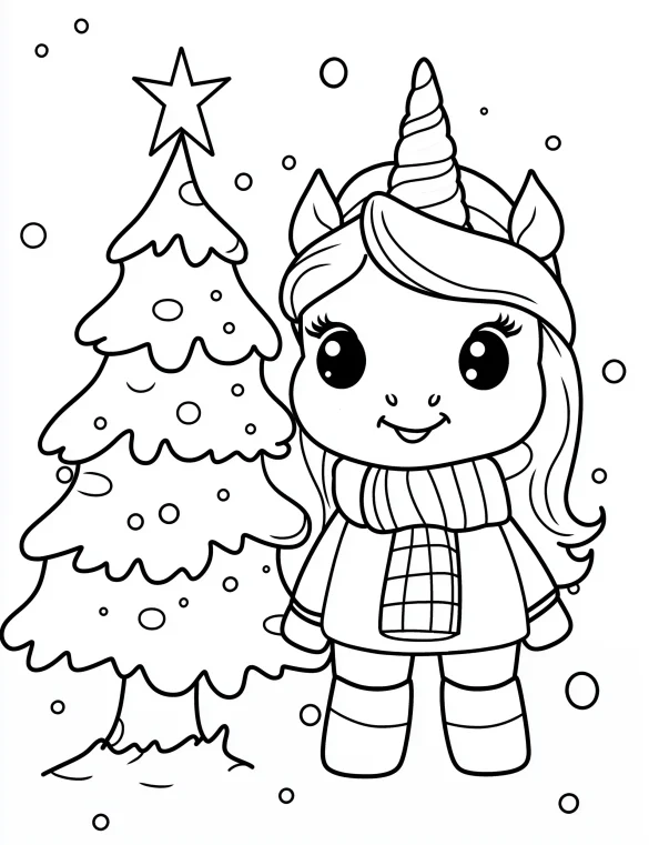 Cute Unicorn Standing Next to Christmas Tree in Snowy Winter Scene Coloring Page