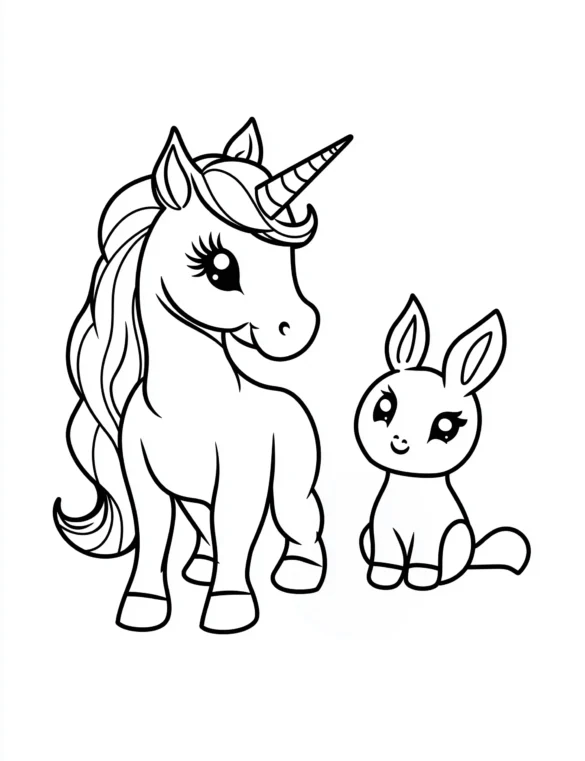 Cute Unicorn and Rabbit Friend Coloring Page