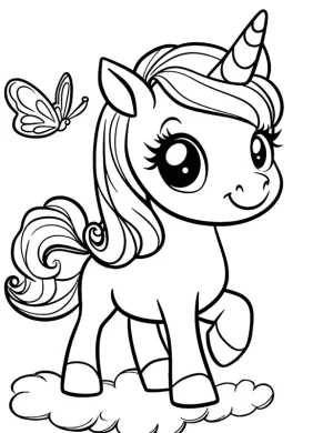 Cute Unicorn with Butterfly Flying Through Clouds Coloring Page