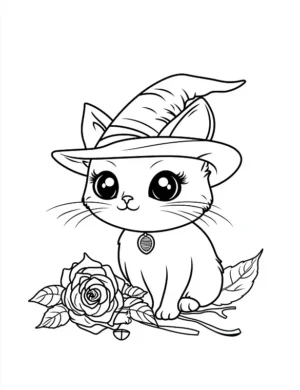 Cute Witch Cat With Rose Flower Coloring Page By Mindset Flow