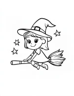 Cute Witch Flying on Broom with Stars Halloween Coloring Page by Mindset Flow