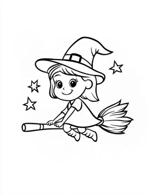 Cute Witch Flying on Broom with Stars Halloween Coloring Page by Mindset Flow