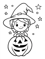 Cute Witch Girl Behind a Jack O Lantern Halloween Coloring Page by Mindset Flow
