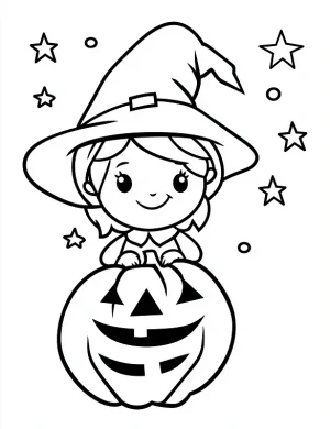 Cute Witch Girl Behind a Jack O Lantern Halloween Coloring Page by Mindset Flow